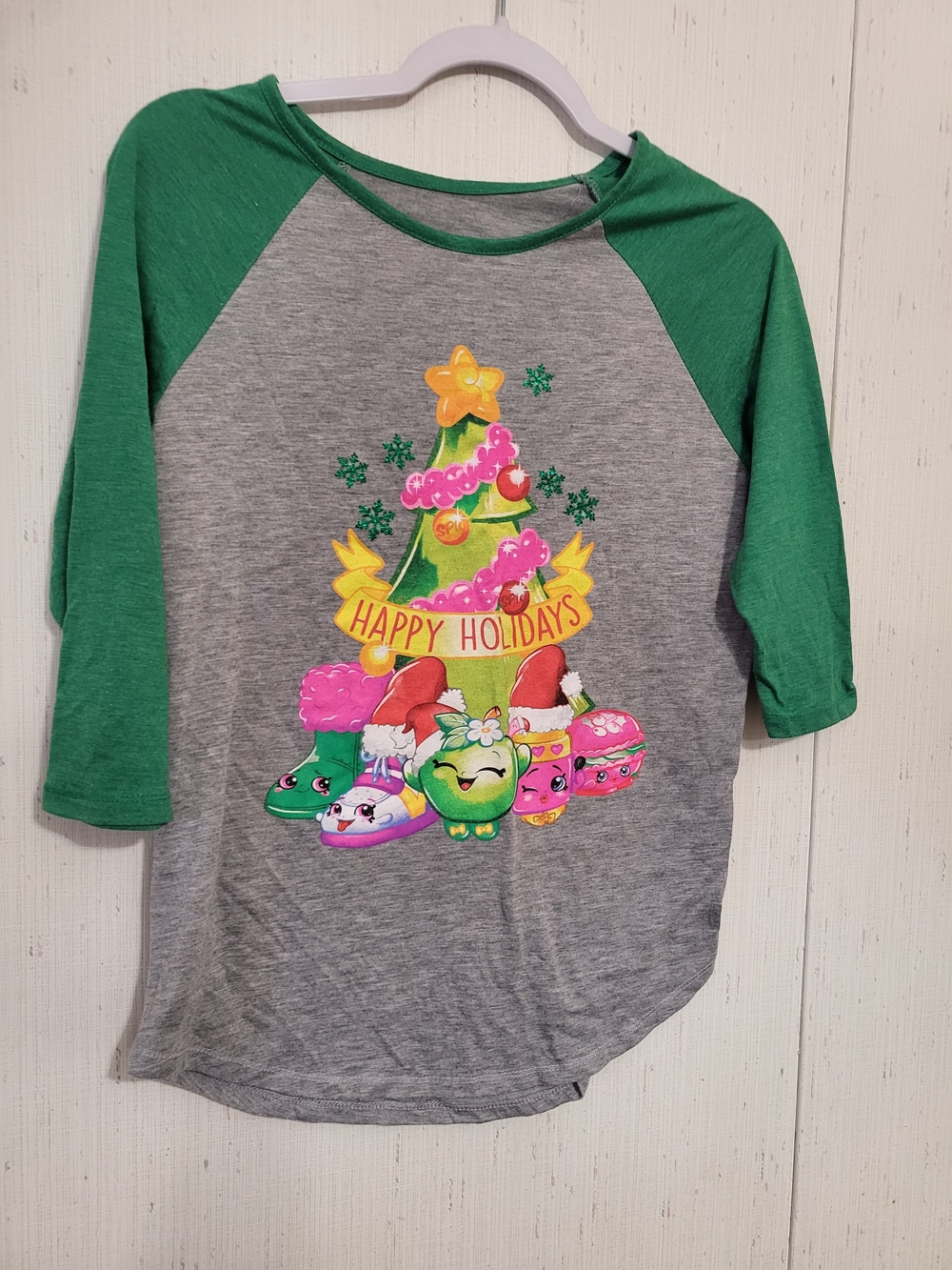 Shopkins Raglan Sleeve Christmas T-Shirt Girls Sz XL(14-16) Gray/ Green